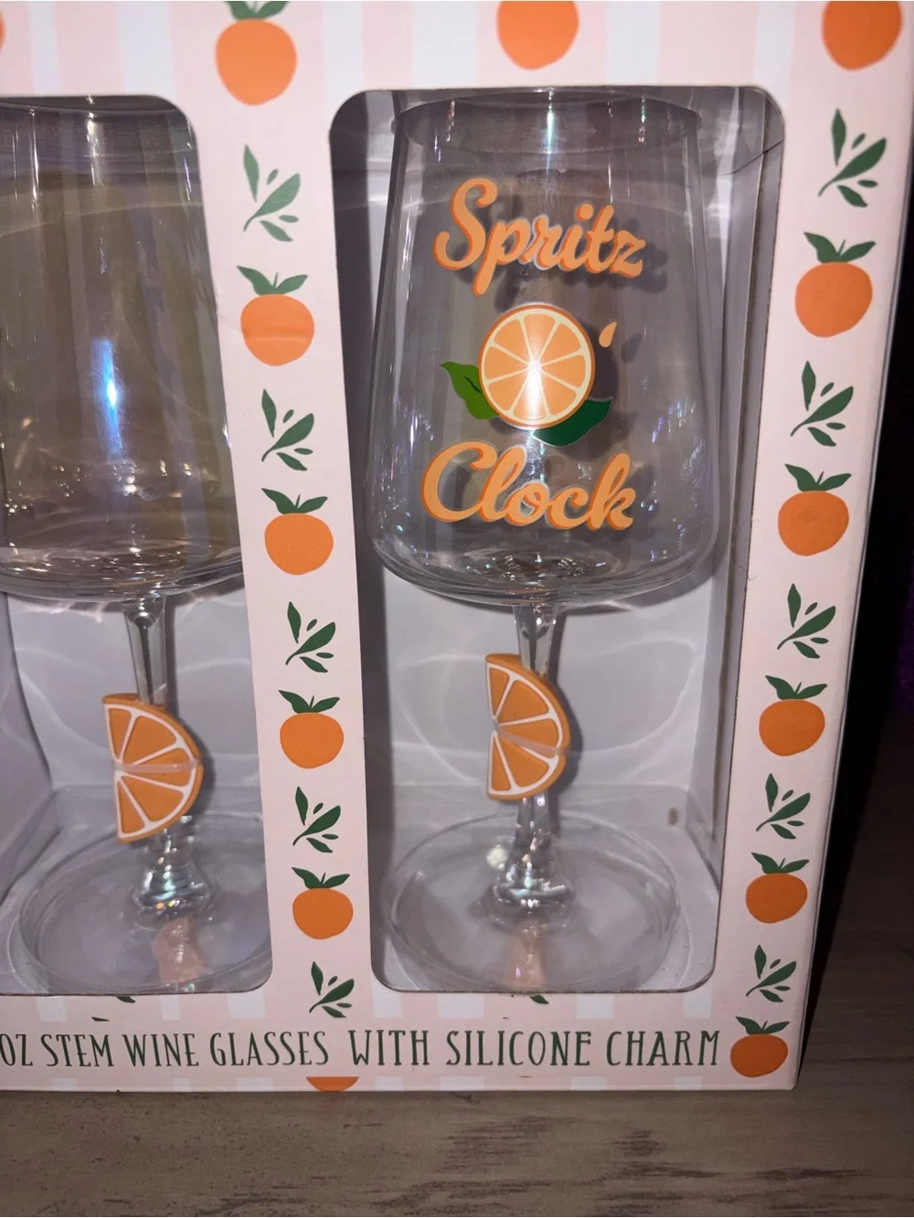 🆕💜 Crystal Lux Studio Spritz Clock Orange Stem Wine Glass Set of 2 NIB